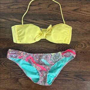 Victoria’s Secret Yellow Bandeau Swim Top with Paisley Aqua Bikini Bottom
